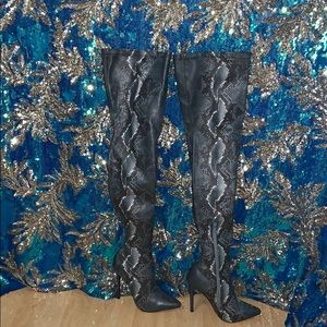 Blue Snakeskin Thigh High Heel Boots